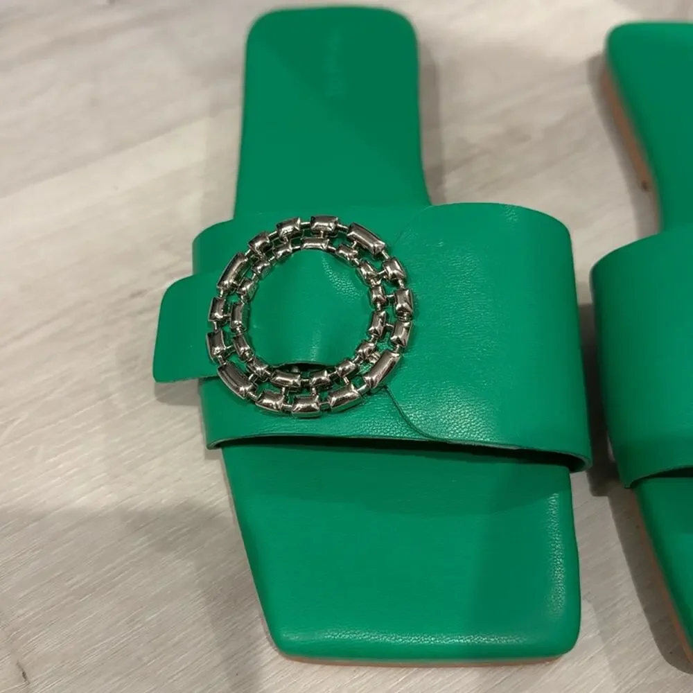 Open Edit Lely NWT Flat Sandals with Silver Buckle in Kelly Green. No Box - Picture 3 of 8